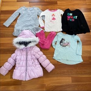 Bundle of girl jacket, dress, pajamas, shirts